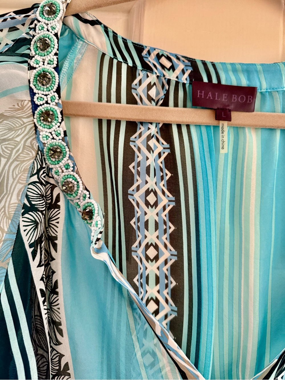 Hale Bob Turquoise Teal Striped Beaded Blouse
